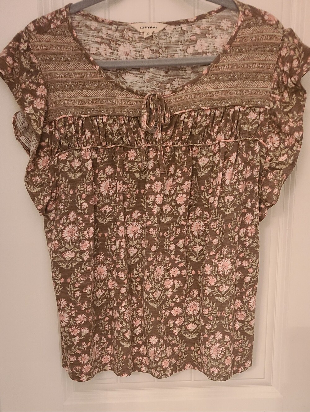 Brown and Pink Floral Short Sleeve Peasant Top